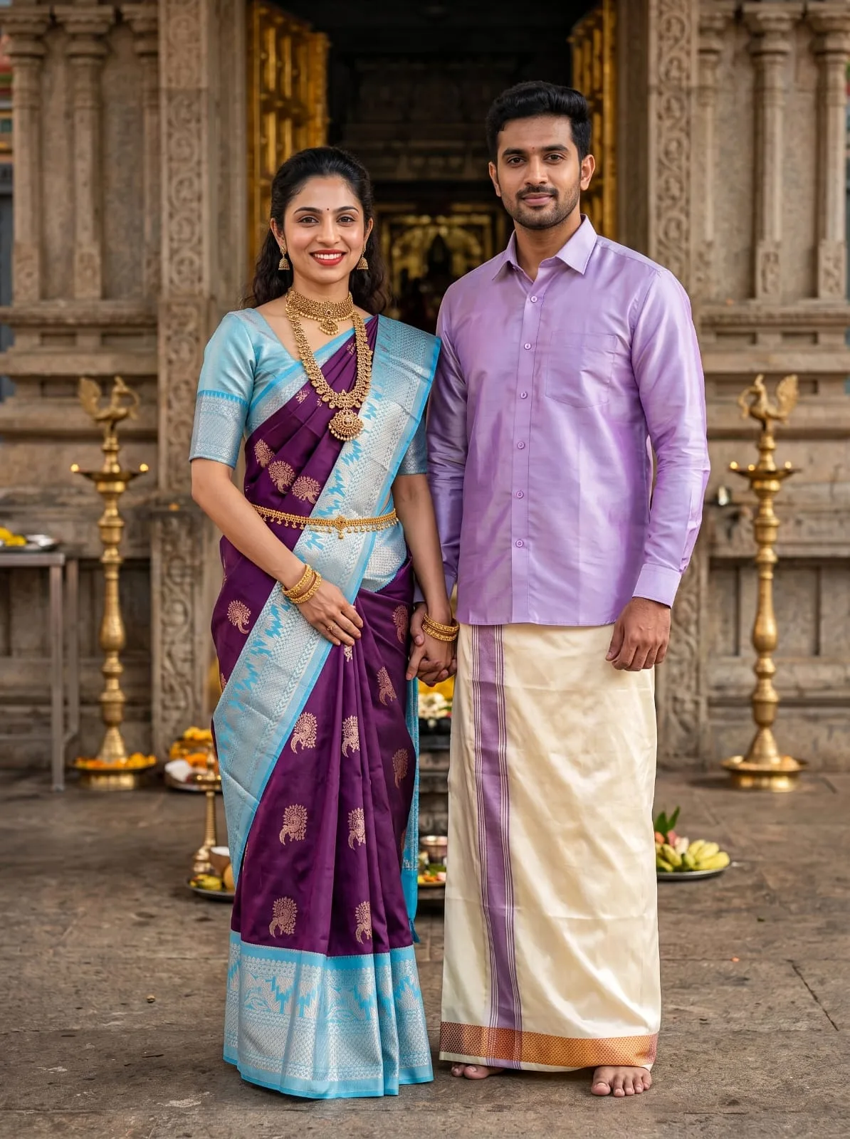 Wine Purple with Sky Blue Semi Silk Couple Combo